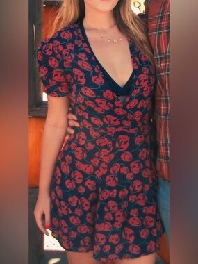 Reformation Lourdes Navy and Red Roses Floral Mini Dress